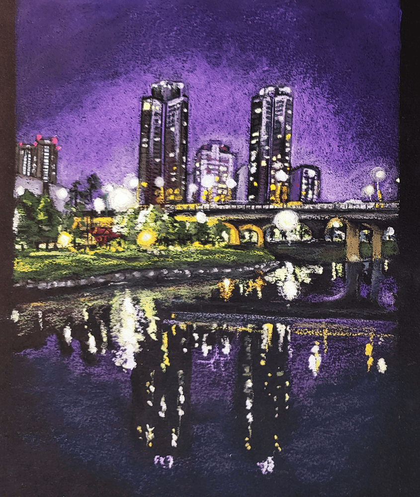 city ​-night-Oil-pastel-meimong8